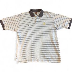 Nike Men's Light Gray Striped Polo with Navy Collar